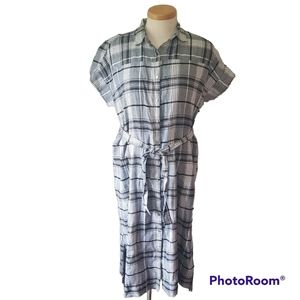 Jones New York Linen Blend Plaid Button Down Belted Maxi Shirt Dress